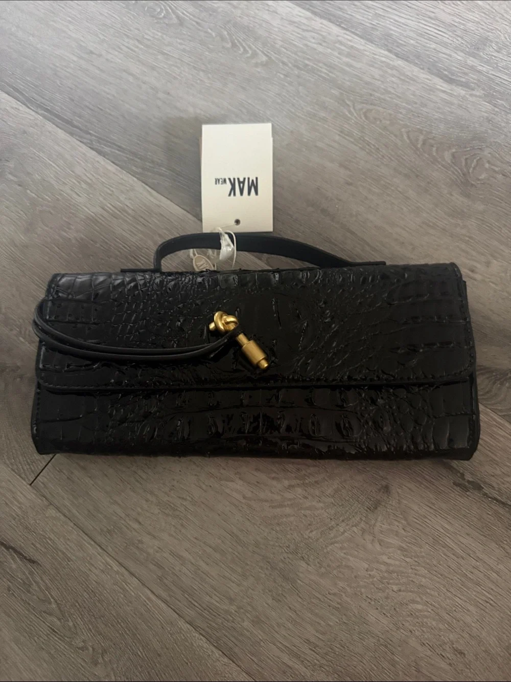 Black Croc-Embossed Clutch with Gold Accent